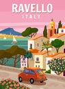 Retro Poster Italy, Ravello resort, Amalfi coast. Road retro car, mediterranean romantic landscape, mountains, seaside Royalty Free Stock Photo