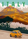 Retro Poster Italy. Road retro car, mediterranean romantic landscape, mountains. Retro travel poster