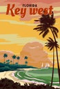 Retro Poster Key West Florida Beach. Palm on the beach, sailboat, coast, surf, ocean