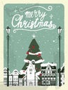 Retro poster Merry Christmas, winter Europe old town cityscape, Christmas tree. Urban landscape greeting card. Vector Royalty Free Stock Photo