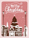 Retro poster Merry Christmas, winter Europe old town cityscape, Christmas tree. Urban landscape greeting card. Vector Royalty Free Stock Photo