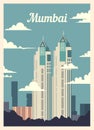 Retro poster Mumbai city skyline. vintage vector illustration