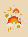 Retro poster with a rainbow, mushrooms, stars, moon, planet in the hippie style. Colorful wall decor in the style of the