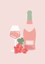 Retro poster with Rose Wine bottle, glass of wine and grape. Royalty Free Stock Photo