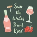 Retro poster with Rose Wine, glass of wine, grape and lettering. Royalty Free Stock Photo