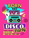 Retro poster. 80s style placard party invitation 90s music elements radio boombox recent vector template for design Royalty Free Stock Photo