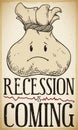 Retro Poster with Sad Money Bag Forecasting Economic Recession, Vector Illustration