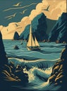Retro poster of a seascape with waves, seagulls, rocks and yachts. Printing house. Background for poster, banner.