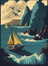 Retro poster of a seascape with waves, seagulls, rocks and yachts. Printing house. Background for poster, banner.