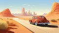 Retro poster showing a trip in an old classic car. Travel and freedom concept. Ai generative