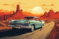 Retro poster showing a trip in an old classic car. Travel and freedom concept. Ai generative