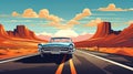 Retro poster showing a trip in an old classic car. Travel and freedom concept. Ai generative