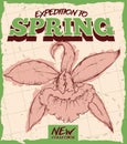 Retro Poster for Springtime with Orchid in Hand Drawn Style, Vector Illustration