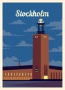 Retro poster Stockholm city skyline. vintage vector illustration