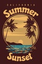 Retro Poster Summer sunset California. Tropical coast beach Royalty Free Stock Photo