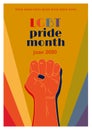 Retro poster template with raised fist, heading LGBT pride month, june 2020 and rainbow flag on the background. Vintage vector