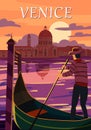 Retro Poster Venice Italia. Sunset Grand Canal, Gondolier, Architecture, Vintage Style Card. Vector Illustration