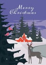 Retro poster Winter village rural winter snow landscape, Merry Christmas retro greeting card Royalty Free Stock Photo