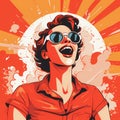 Retro poster of a young woman singing in the sun. Happy lady with sunglasses celebrating summer vacation. Feminist activist