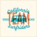 Retro Print Style Surfing Vector Label or Logo Template. Surf Van with Surfboard and Vintage Typography. Weathered Look