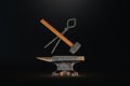 Retro profession concept, blacksmith, hard work, strength. Metal heavy anvil and hammer isolated on a dark background. 3D