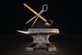 Retro profession concept, blacksmith, hard work, strength. Metal heavy anvil and hammer isolated on a dark background. 3D