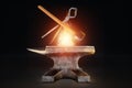 Retro profession concept, blacksmith, hard work, strength. Metal heavy anvil and hammer isolated on a dark background. 3D