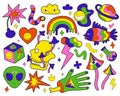 Retro psychedelic elements. Surreal hippie symbols. Acid colors stickers. Mushrooms and skull. Clouds with lightning
