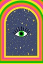 Retro Psychedelic hippie poster. 70s abstract covers with lips, rainbows, floating eye and space