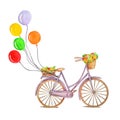 Retro purple bicycle with colorful air balloons Royalty Free Stock Photo