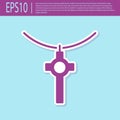 Retro purple Christian cross on chain icon isolated on turquoise background. Church cross. Vector Illustration
