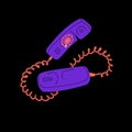 Retro purple phone with rotary disk. Vintage violet telephone, old contact equipment, 80s communication technology