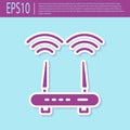 Retro purple Router and wi-fi signal icon isolated on turquoise background. Wireless ethernet modem router. Computer