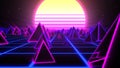 Retro Pyramids on 80s Synthwave Neon Landscape with Glowing Sun - Abstract Background Texture