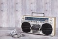 Retro radio-cassette player.Dusty old cassettes.Vintage style . Royalty Free Stock Photo