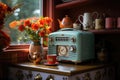 A Retro Radio In A Kitchen Setting Surrounded By Vintage Appliances And Colorful Dcor. Generative AI