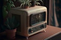 Retro radio on a table in a room with potted plants