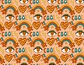 Retro rainbow eye 70s seamless pattern. Hippie repeating texture, background. Vector illustration Royalty Free Stock Photo