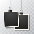 Retro realistic vector photo frame placed on transparent background. Picture frames with shadow hanging with paper clip.