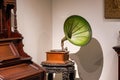 Retro record gramophone and pipe organ close-up Royalty Free Stock Photo