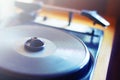 Retro record player, air-bearing turntable closeup,