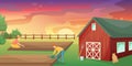 Retro red American barn in an agricultural field. Farming, harvest. Subsistence farming