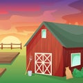 Retro red American barn in an agricultural field. Farming, harvest. Subsistence farming