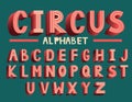 Retro Red Colored Vintage Text 3D Effects, Font Typeset Vector lettering set.ABC for casino, circus or cinema.
