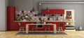 Retro red kitchen with wooden dining table