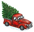 Retro Red Truck And Fir Tree In The Back Of A Car. Christmas, New Year Holidays Vector Illustration