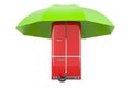 Retro refrigerator under umbrella, 3D rendering