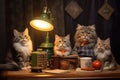 Retro representation of a family of cats posing for a photo shoot