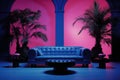 Retro Retreat: Stylish 1980s Miami Apartment with Palm Tree. Generative AI