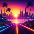 retro Retro futuristic background Road to the city at sunset Digital retro cityscape summer